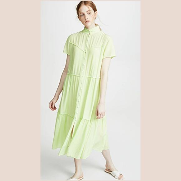 Rag & Bone Libby Tiered Seam Crinkle Midi Dress Lime Green XS - Picture 1 of 7
